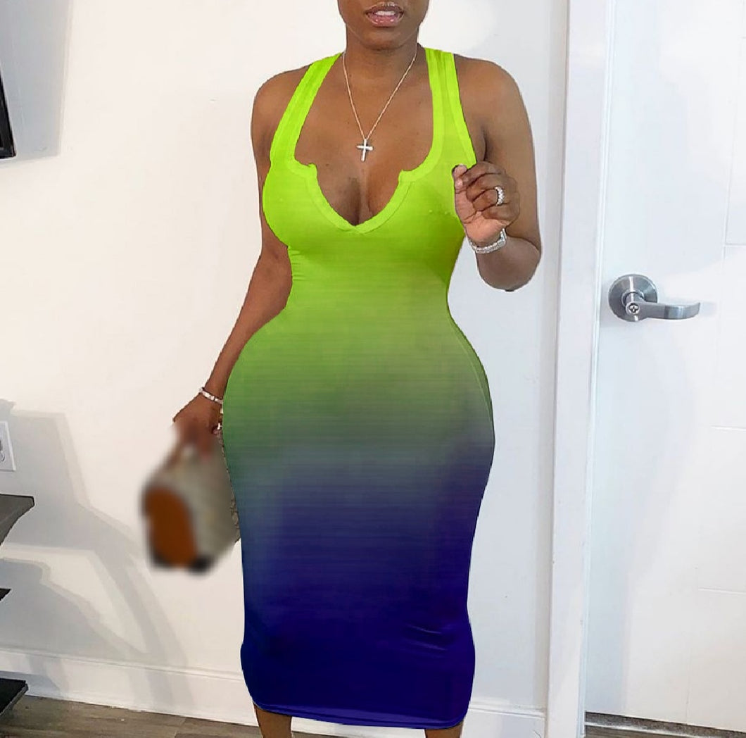 Two Toned (Lime Green and Blue) All Purpose Midi Dress